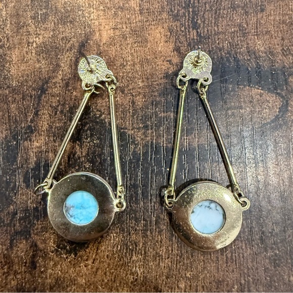 Turquoise Crystal Gold and Blue Dangle Stud Earrings - Picture 5 of 5